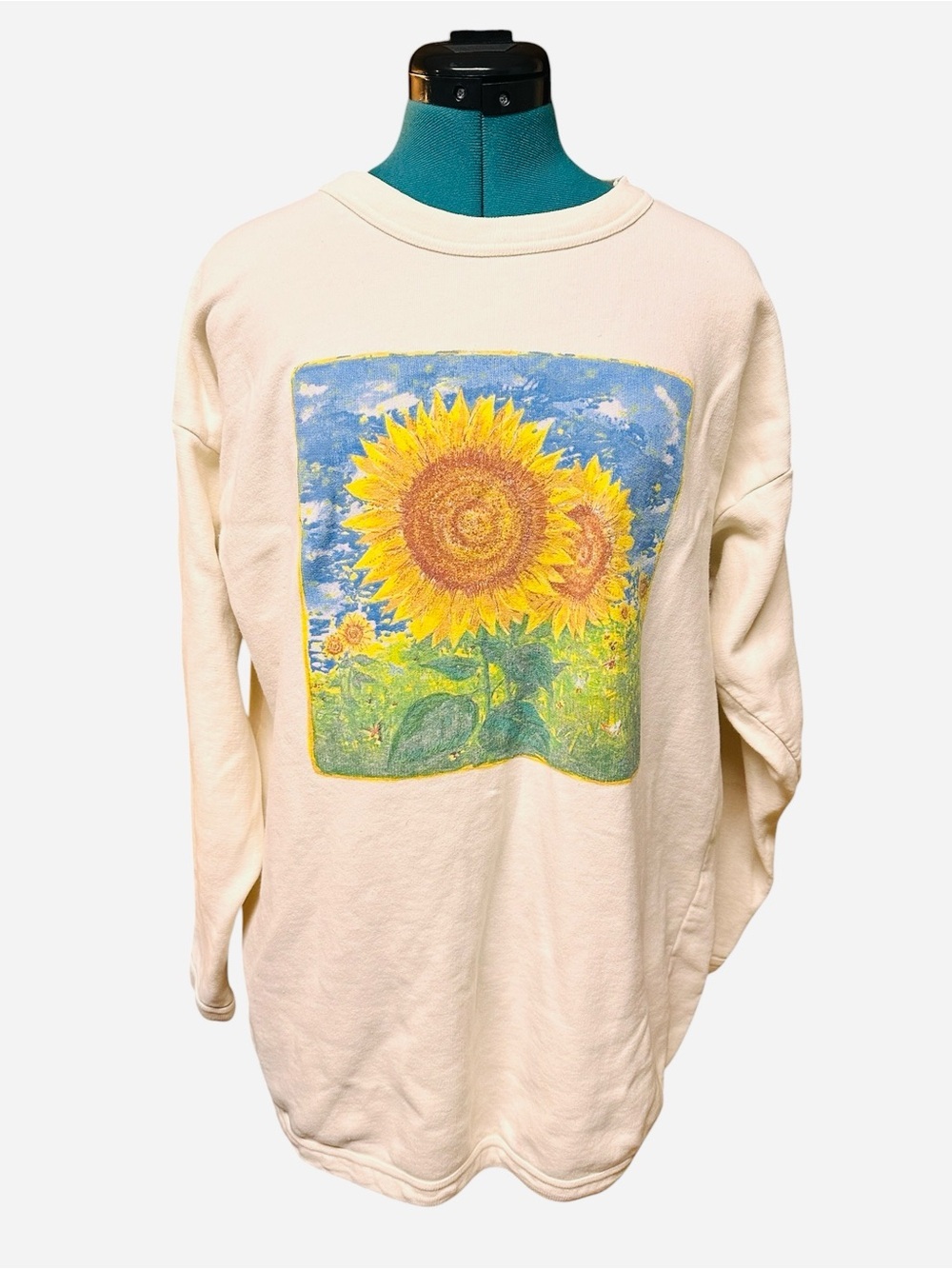 Vtg Weathervane Sunflower Field Graphic Print Off White Sweatshirt Size L